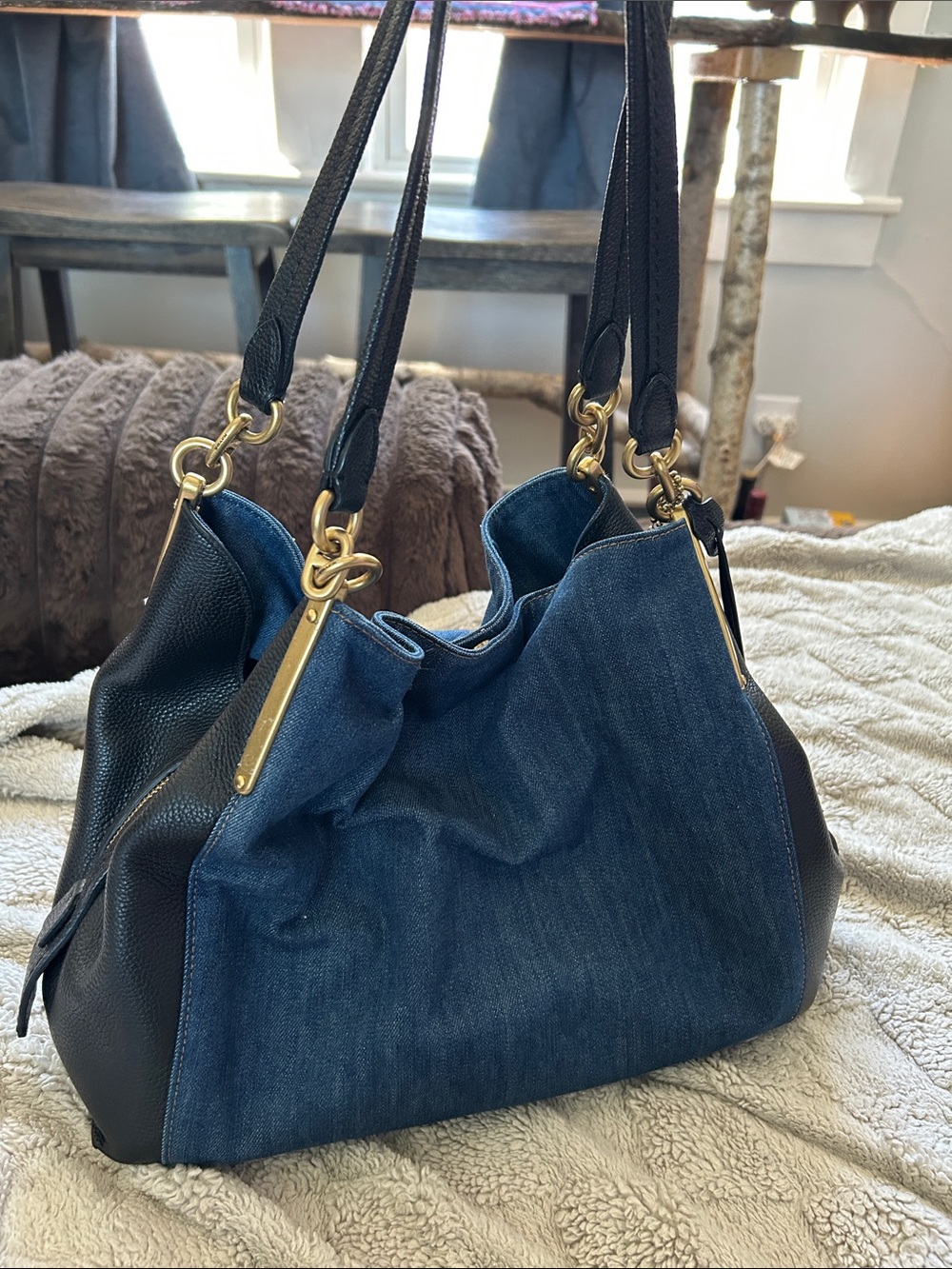 Coach Denim and Black Leather Tote Bag with Gold Hardware